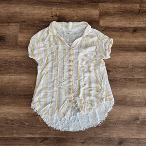 Umgee Yellow Stripe Relaxed Fit Button Down Fringe Sleeveless Shirt